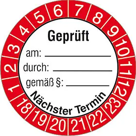 Prüfplakette »Geprüft am: durch gemäß «