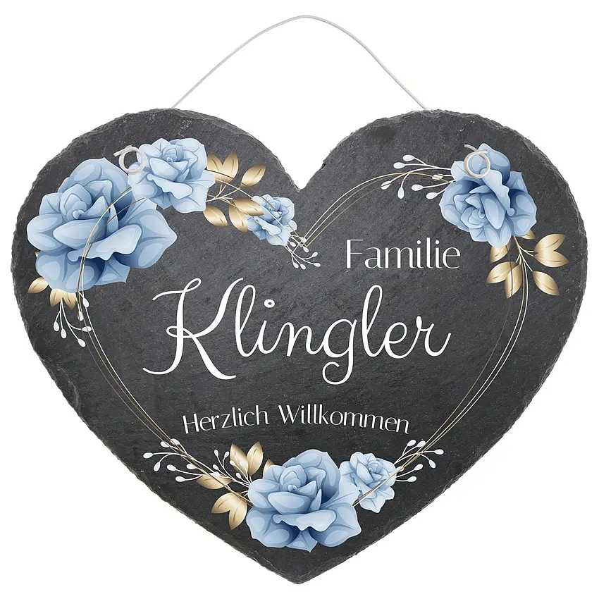 Schieferherz Türschild in der Größe 24 cm Design Blue Roses