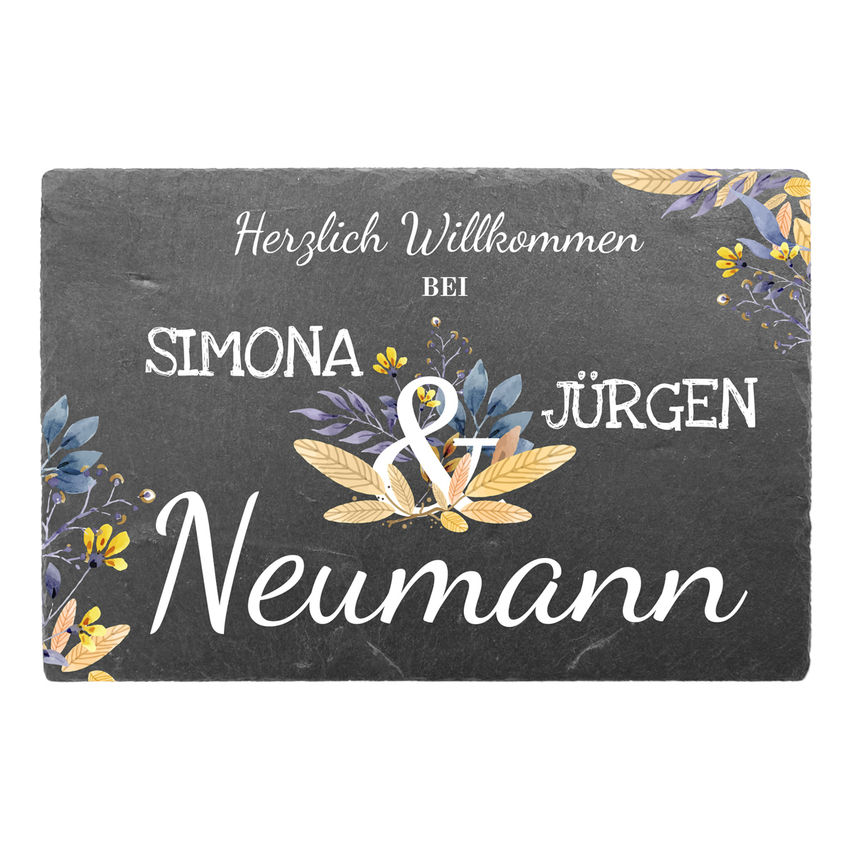 farbiges Schieferschild mit Personalisierung Design Flower 300 x 200 mm