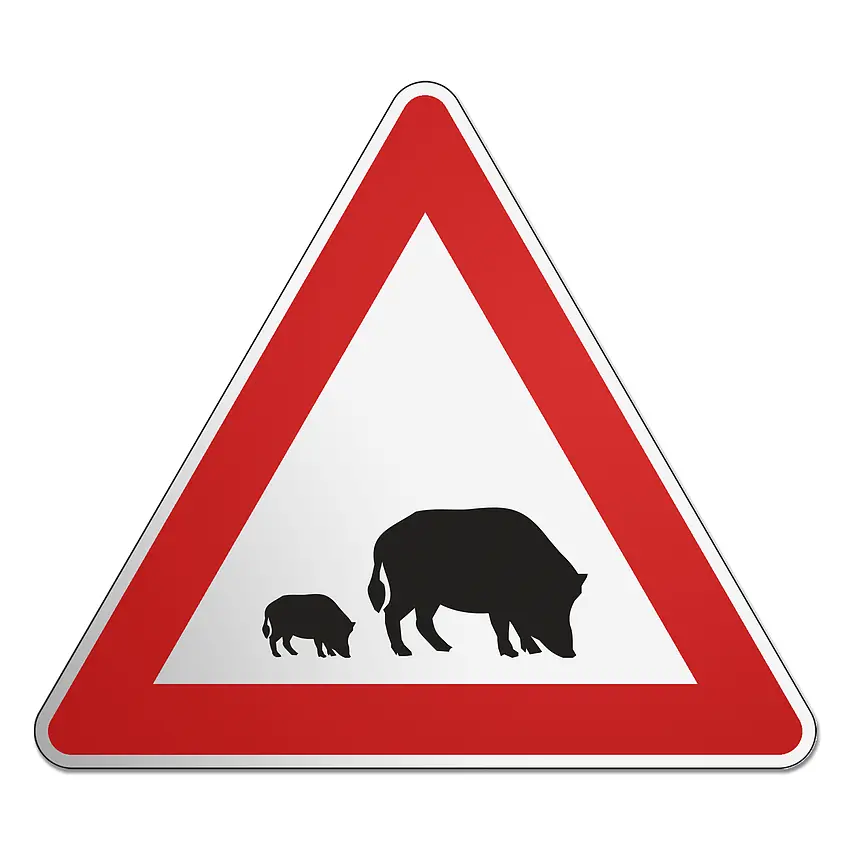 Dreieckiges Verkehrsschild mit Motiv Wildschweine