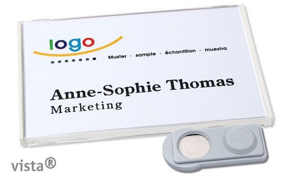 10 Stck Design Namensschilder mit Magnet oder Anstecknadel und Text plus Logo