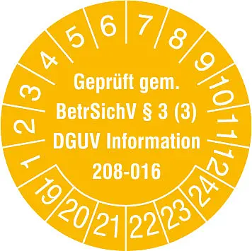 Prüfplakette - mit Jahresfarbe »Geprüft gem. BetrSichV §3 (3), DGUV Information 208-016«