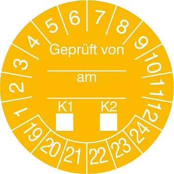 Prüfplakette - mit Jahresfarbe »Geprüft von...am...K1-K2«