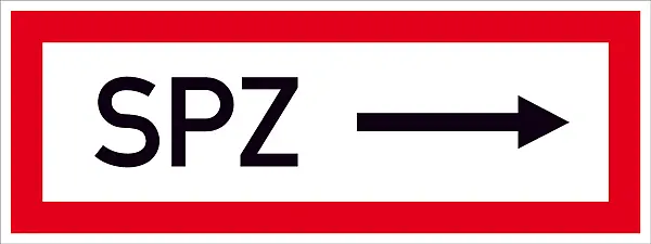 Hinweisschild für die Feuerwehr »SPZ ---->«